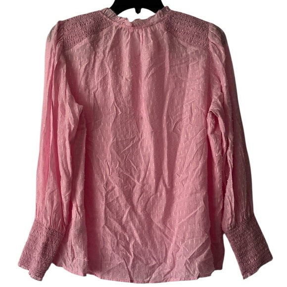 Marie Oliver Silk Light Pink & Metallic Gold Textured Smocked Tie Neck Blouse M - Picture 5 of 5
